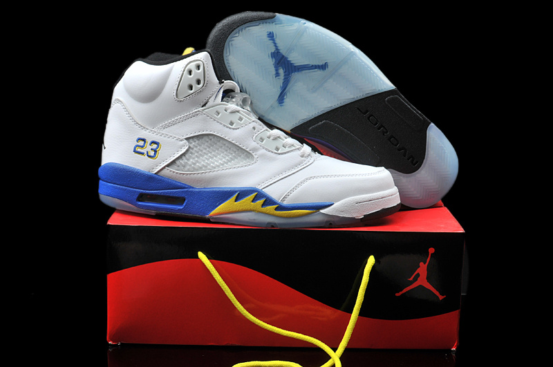 Air Jordan 5 Mens Shoes White/Blue/Yellow Online